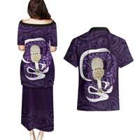 Purple New Zealand Eel Couples Matching Puletasi and Hawaiian Shirt Aotearoa Maori Tuna With Kotiate Weapon LT14 - Polynesian Pride