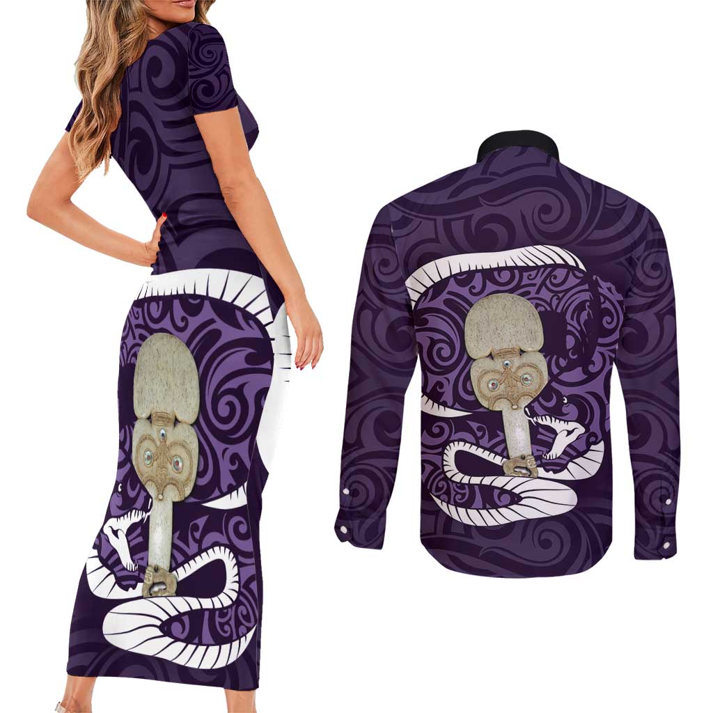 Purple New Zealand Eel Couples Matching Short Sleeve Bodycon Dress and Long Sleeve Button Shirt Aotearoa Maori Tuna With Kotiate Weapon LT14 - Polynesian Pride