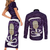 Purple New Zealand Eel Couples Matching Short Sleeve Bodycon Dress and Long Sleeve Button Shirt Aotearoa Maori Tuna With Kotiate Weapon LT14 - Polynesian Pride
