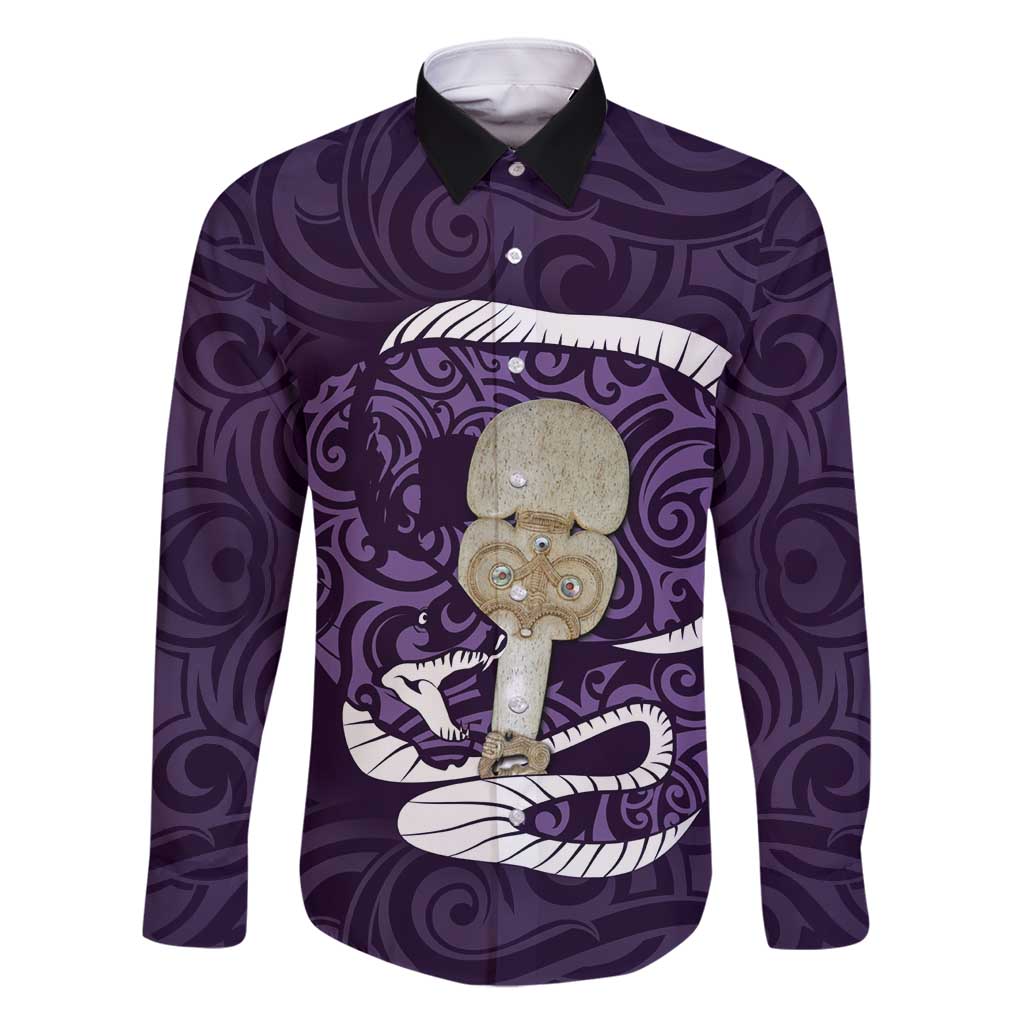 Purple New Zealand Eel Family Matching Off Shoulder Maxi Dress and Hawaiian Shirt Aotearoa Maori Tuna With Kotiate Weapon LT14 Dad's Shirt - Long Sleeve Purple - Polynesian Pride