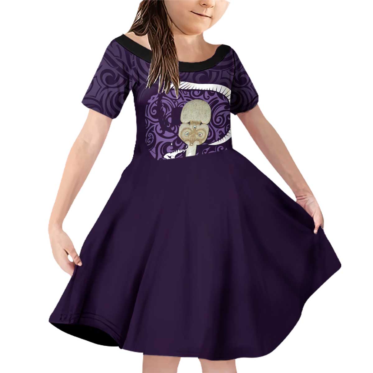 Purple New Zealand Eel Family Matching Off Shoulder Short Dress and Hawaiian Shirt Aotearoa Maori Tuna With Kotiate Weapon LT14 Daughter's Dress Purple - Polynesian Pride