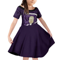 Purple New Zealand Eel Family Matching Off Shoulder Short Dress and Hawaiian Shirt Aotearoa Maori Tuna With Kotiate Weapon LT14 Daughter's Dress Purple - Polynesian Pride