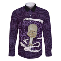 Purple New Zealand Eel Family Matching Off Shoulder Short Dress and Hawaiian Shirt Aotearoa Maori Tuna With Kotiate Weapon LT14 Dad's Shirt - Long Sleeve Purple - Polynesian Pride