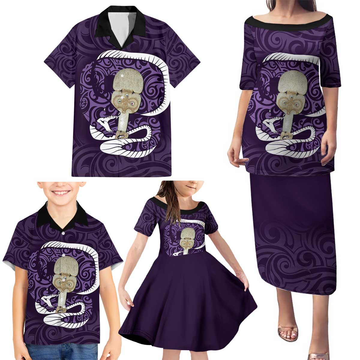 Purple New Zealand Eel Family Matching Puletasi and Hawaiian Shirt Aotearoa Maori Tuna With Kotiate Weapon LT14 - Polynesian Pride