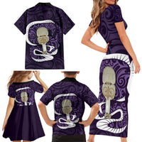 Purple New Zealand Eel Family Matching Short Sleeve Bodycon Dress and Hawaiian Shirt Aotearoa Maori Tuna With Kotiate Weapon LT14 - Polynesian Pride