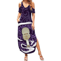 Purple New Zealand Eel Family Matching Summer Maxi Dress and Hawaiian Shirt Aotearoa Maori Tuna With Kotiate Weapon LT14 Mom's Dress Purple - Polynesian Pride