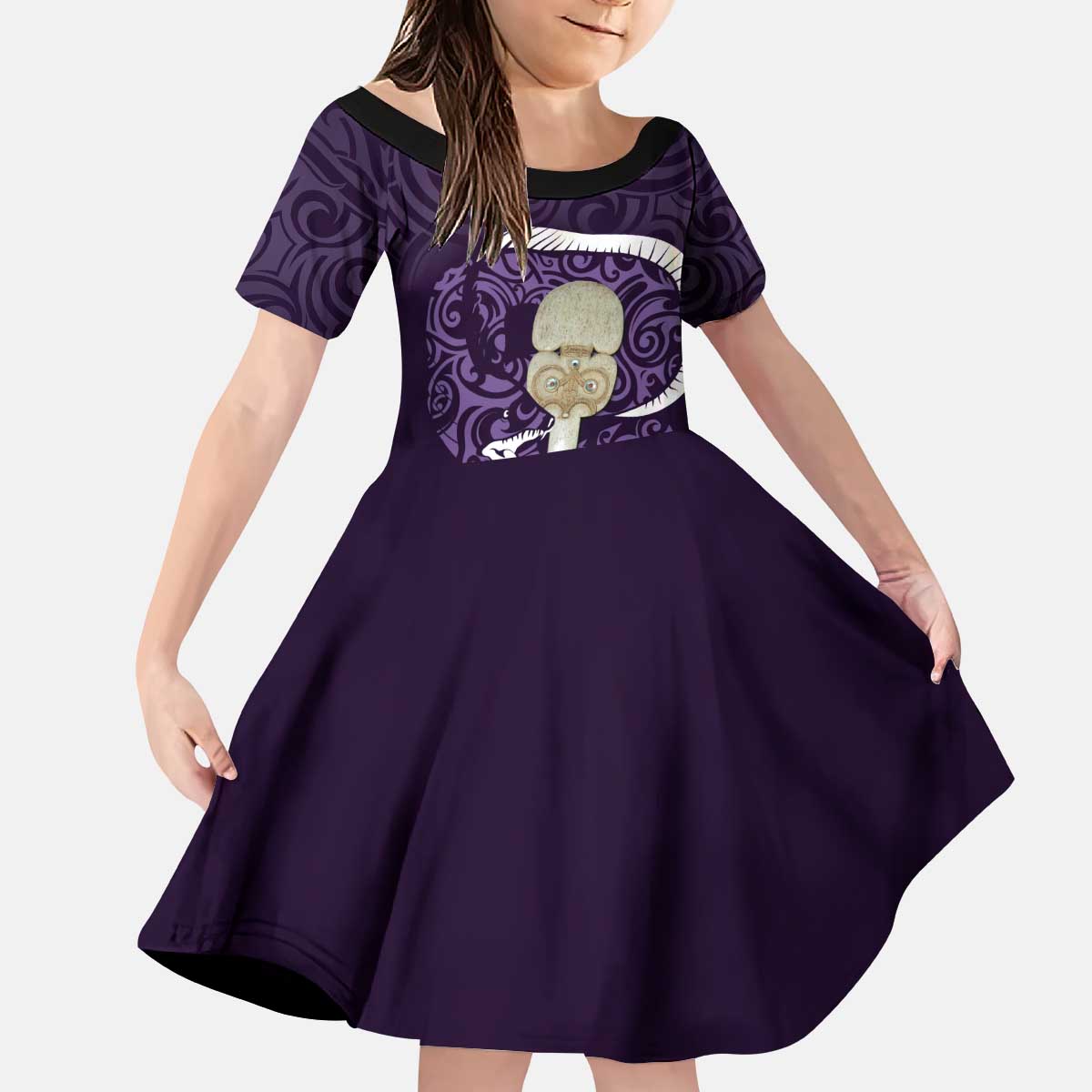 Purple New Zealand Eel Kid Short Sleeve Dress Aotearoa Maori Tuna With Kotiate Weapon LT14 KID Purple - Polynesian Pride