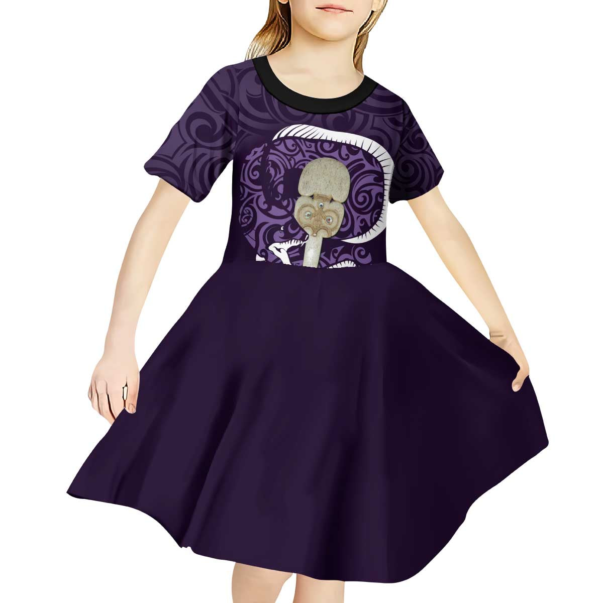Purple New Zealand Eel Kid Short Sleeve Dress Aotearoa Maori Tuna With Kotiate Weapon LT14 - Polynesian Pride