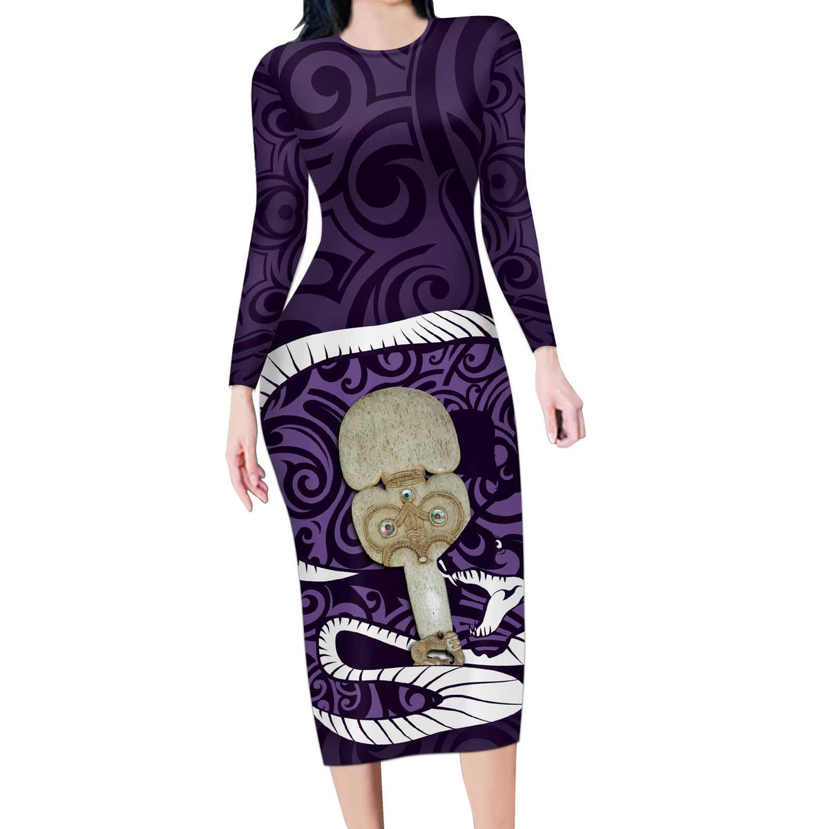 Purple New Zealand Eel Long Sleeve Bodycon Dress Aotearoa Maori Tuna With Kotiate Weapon LT14 Long Dress Purple - Polynesian Pride