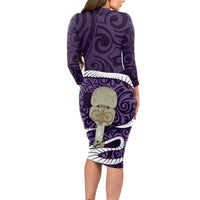 Purple New Zealand Eel Long Sleeve Bodycon Dress Aotearoa Maori Tuna With Kotiate Weapon LT14 - Polynesian Pride