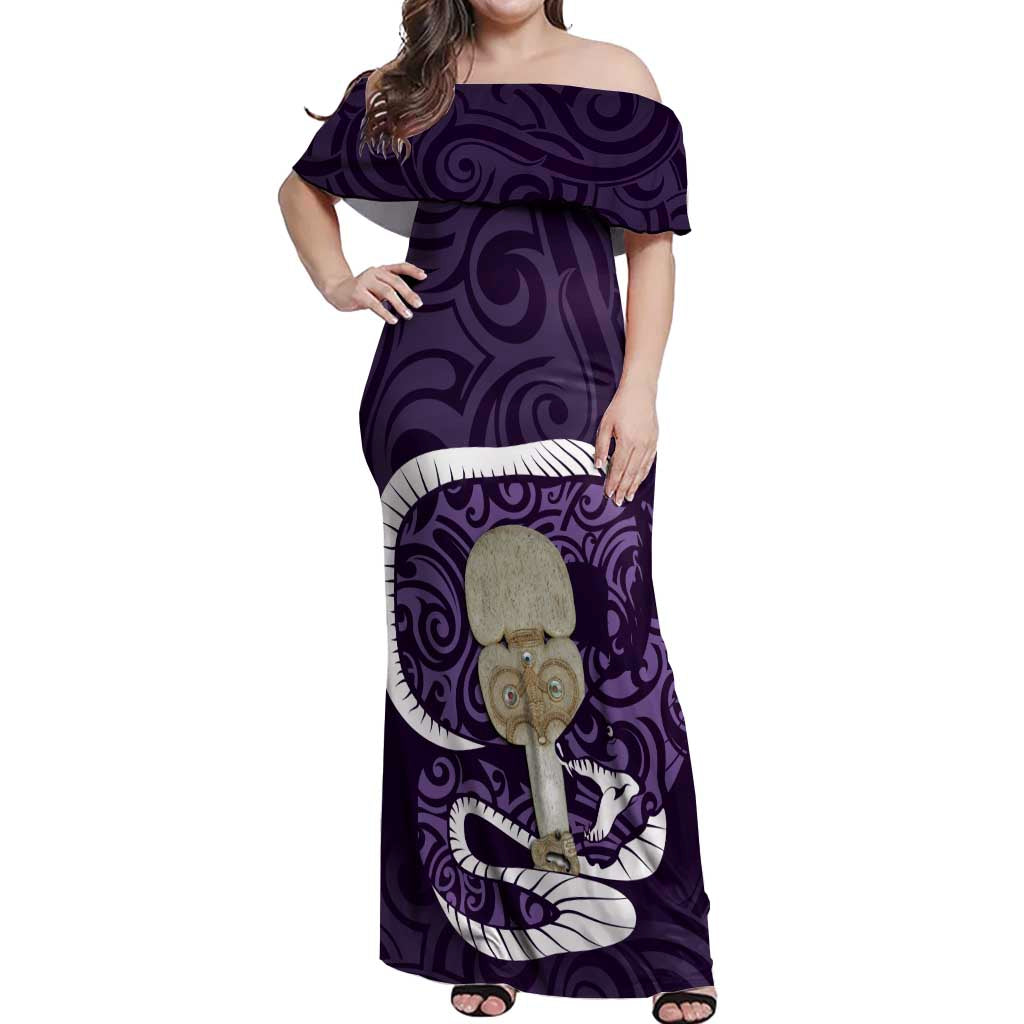 Purple New Zealand Eel Off Shoulder Maxi Dress Aotearoa Maori Tuna With Kotiate Weapon LT14 Women Purple - Polynesian Pride