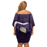 Purple New Zealand Eel Off Shoulder Short Dress Aotearoa Maori Tuna With Kotiate Weapon LT14 - Polynesian Pride