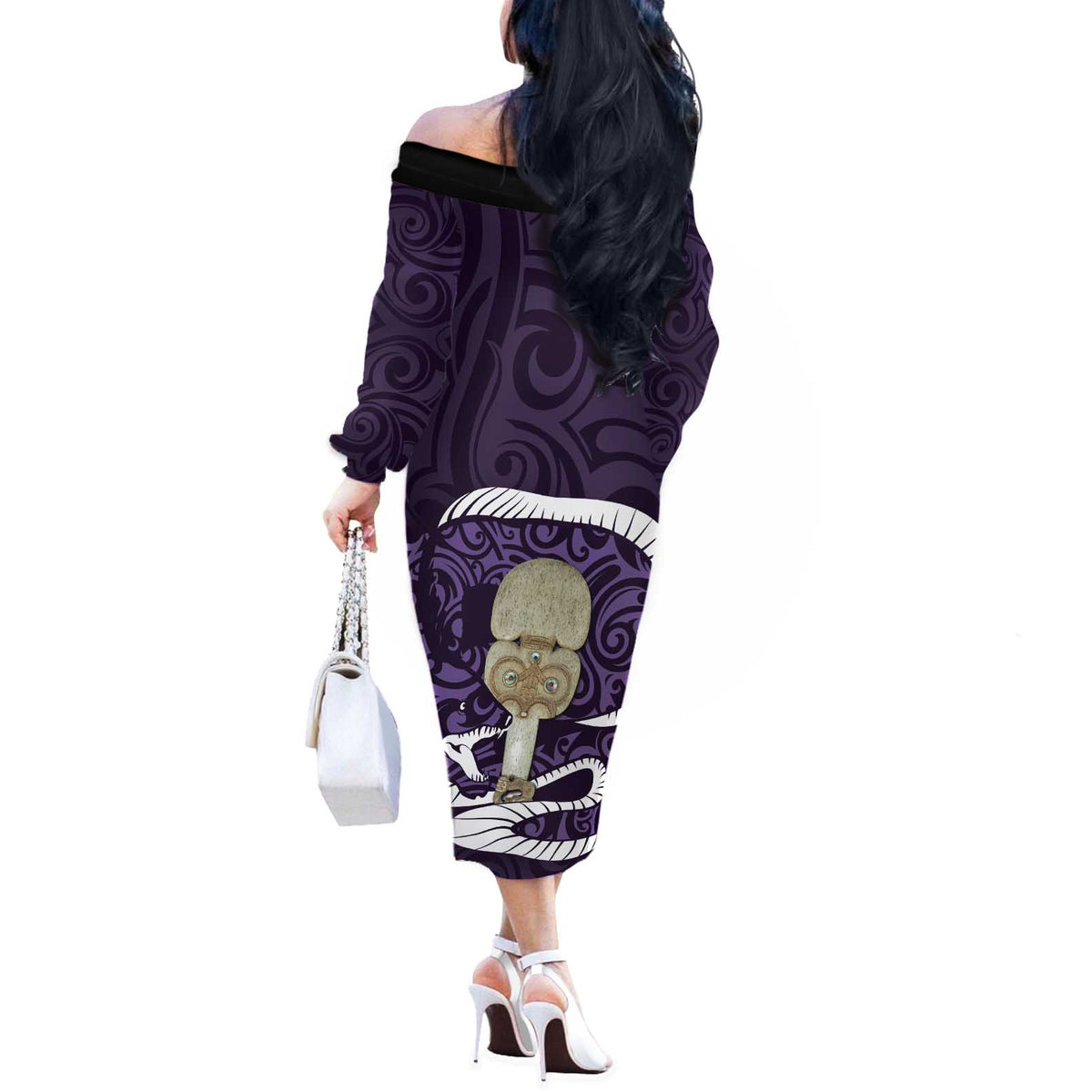 Purple New Zealand Eel Off The Shoulder Long Sleeve Dress Aotearoa Maori Tuna With Kotiate Weapon LT14 - Polynesian Pride