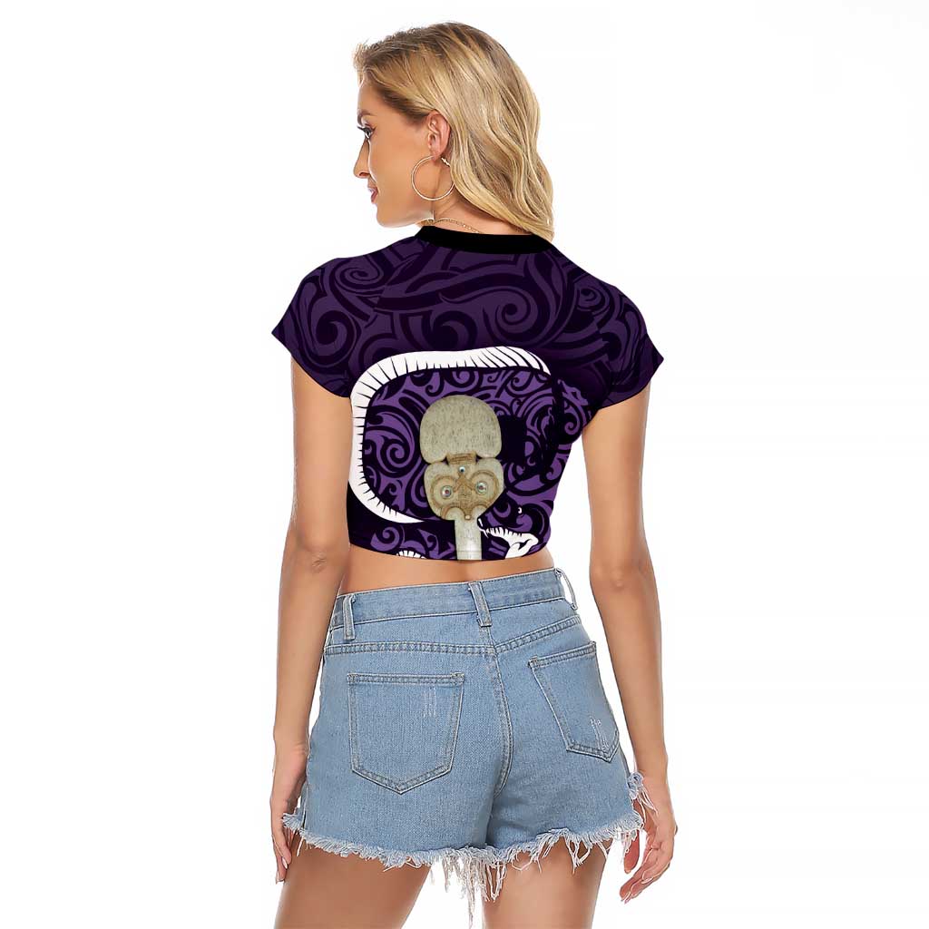 Purple New Zealand Eel Raglan Cropped T Shirt Aotearoa Maori Tuna With Kotiate Weapon LT14 - Polynesian Pride
