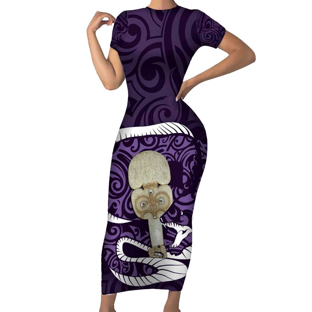 Purple New Zealand Eel Short Sleeve Bodycon Dress Aotearoa Maori Tuna With Kotiate Weapon LT14 Long Dress Purple - Polynesian Pride