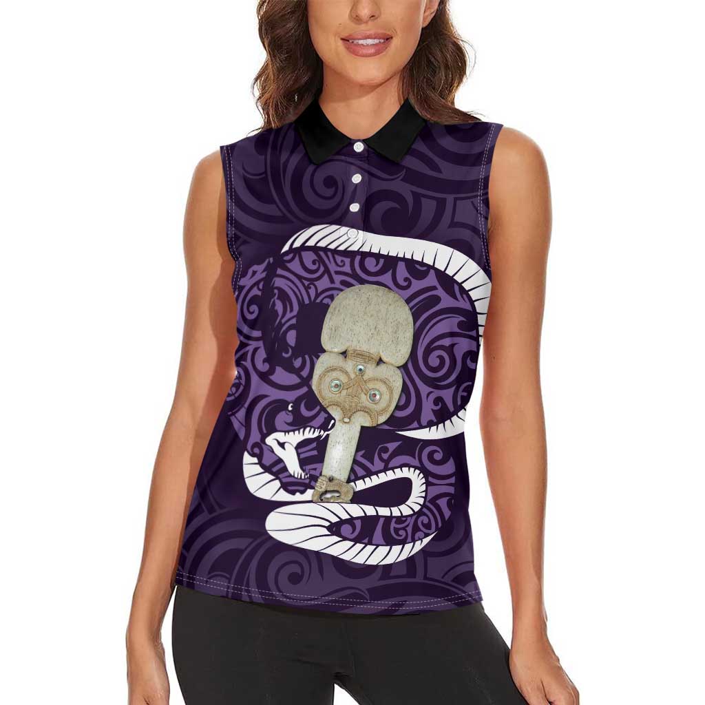 Purple New Zealand Eel Women Sleeveless Polo Shirt Aotearoa Maori Tuna With Kotiate Weapon LT14 - Polynesian Pride