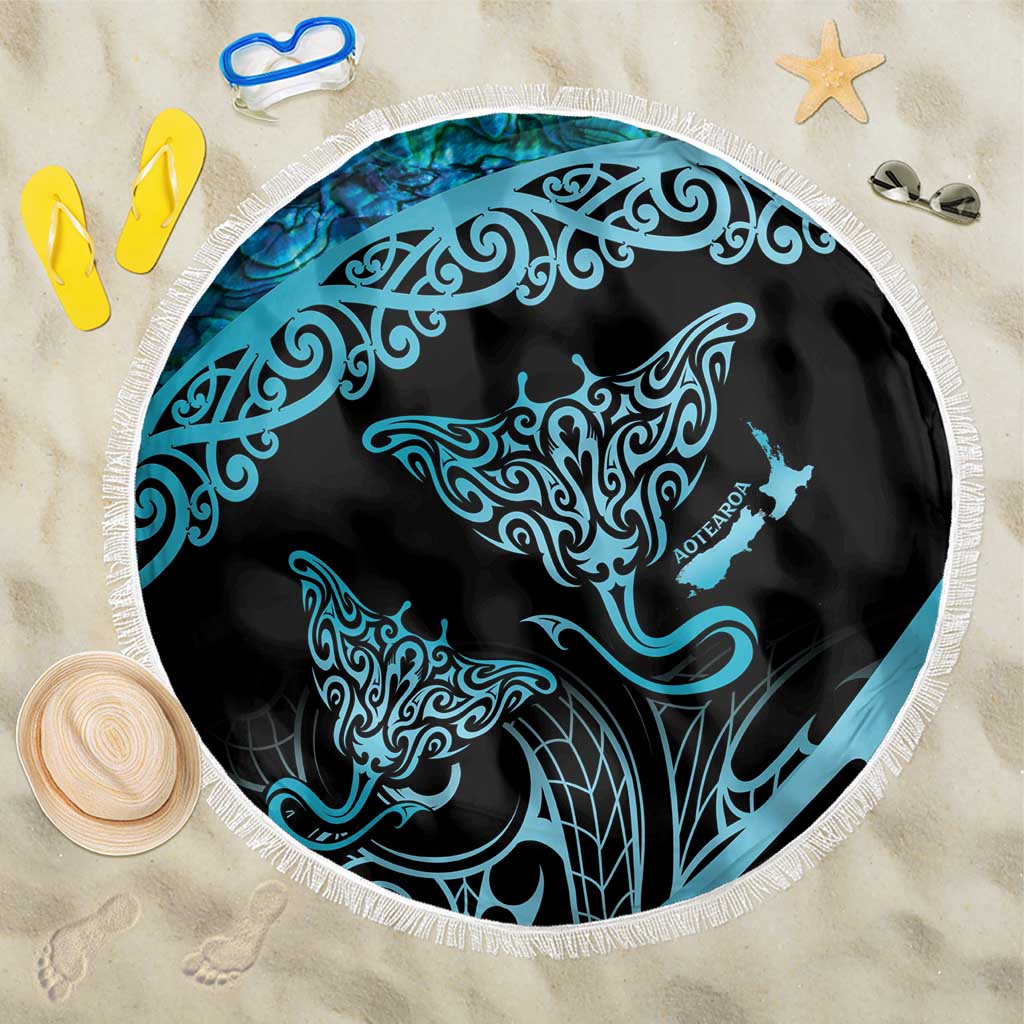 New Zealand Stingray Beach Blanket Aotearoa Whai With Maori Paua Shell LT14 One Size 150cm Turquoise - Polynesian Pride