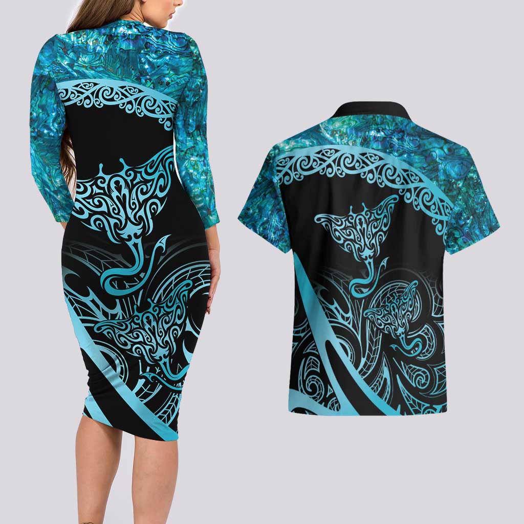 New Zealand Stingray Couples Matching Long Sleeve Bodycon Dress and Hawaiian Shirt Aotearoa Whai With Maori Paua Shell LT14 - Polynesian Pride