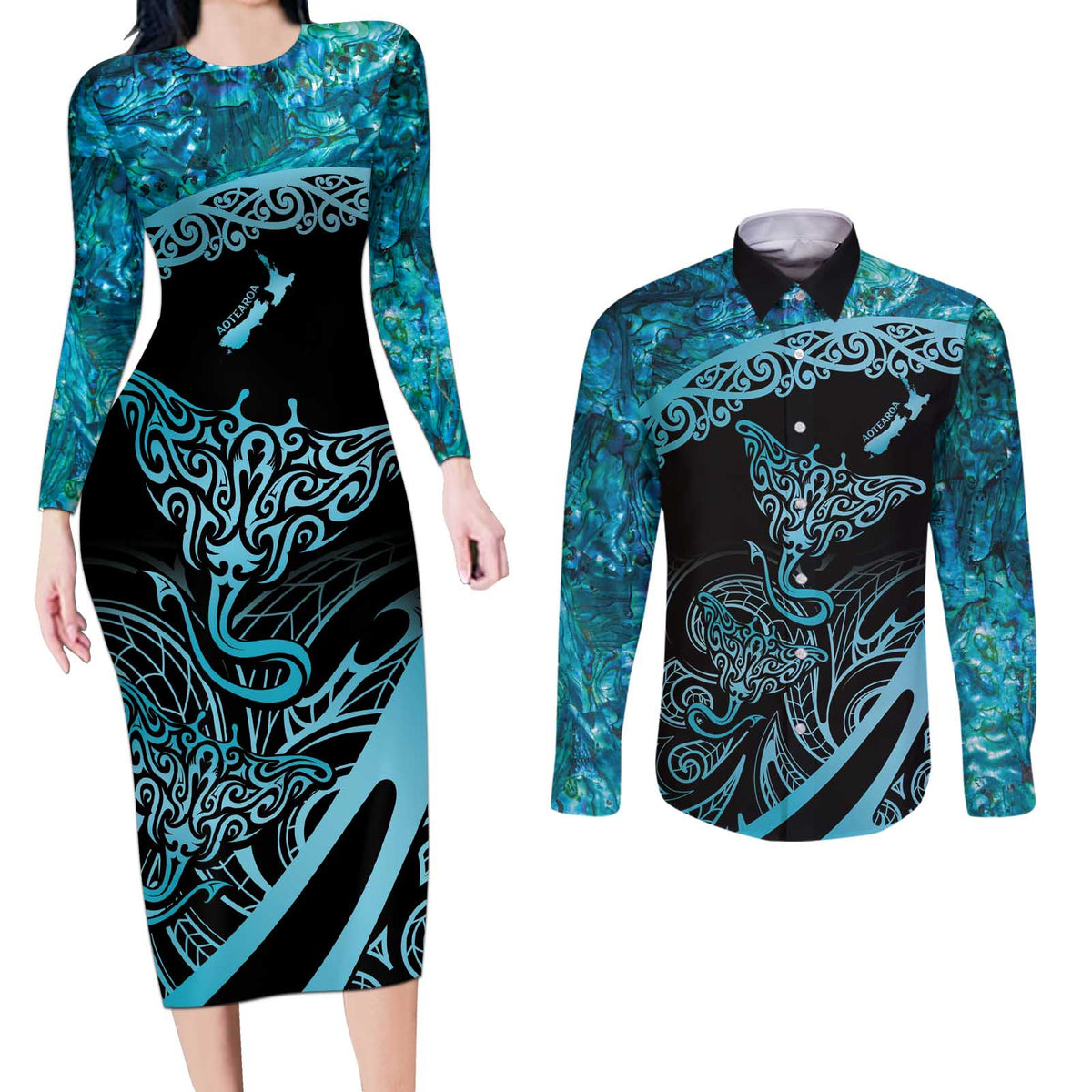 New Zealand Stingray Couples Matching Long Sleeve Bodycon Dress and Long Sleeve Button Shirt Aotearoa Whai With Maori Paua Shell LT14 Turquoise - Polynesian Pride
