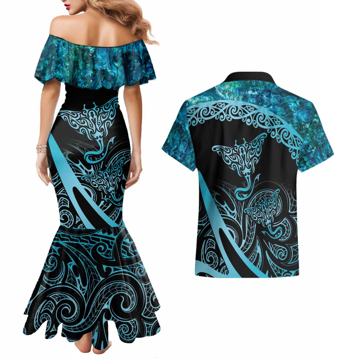 New Zealand Stingray Couples Matching Mermaid Dress and Hawaiian Shirt Aotearoa Whai With Maori Paua Shell LT14 - Polynesian Pride