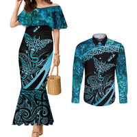 New Zealand Stingray Couples Matching Mermaid Dress and Long Sleeve Button Shirt Aotearoa Whai With Maori Paua Shell LT14 Turquoise - Polynesian Pride