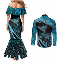 New Zealand Stingray Couples Matching Mermaid Dress and Long Sleeve Button Shirt Aotearoa Whai With Maori Paua Shell LT14 - Polynesian Pride