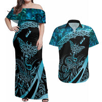New Zealand Stingray Couples Matching Off Shoulder Maxi Dress and Hawaiian Shirt Aotearoa Whai With Maori Paua Shell LT14 Turquoise - Polynesian Pride