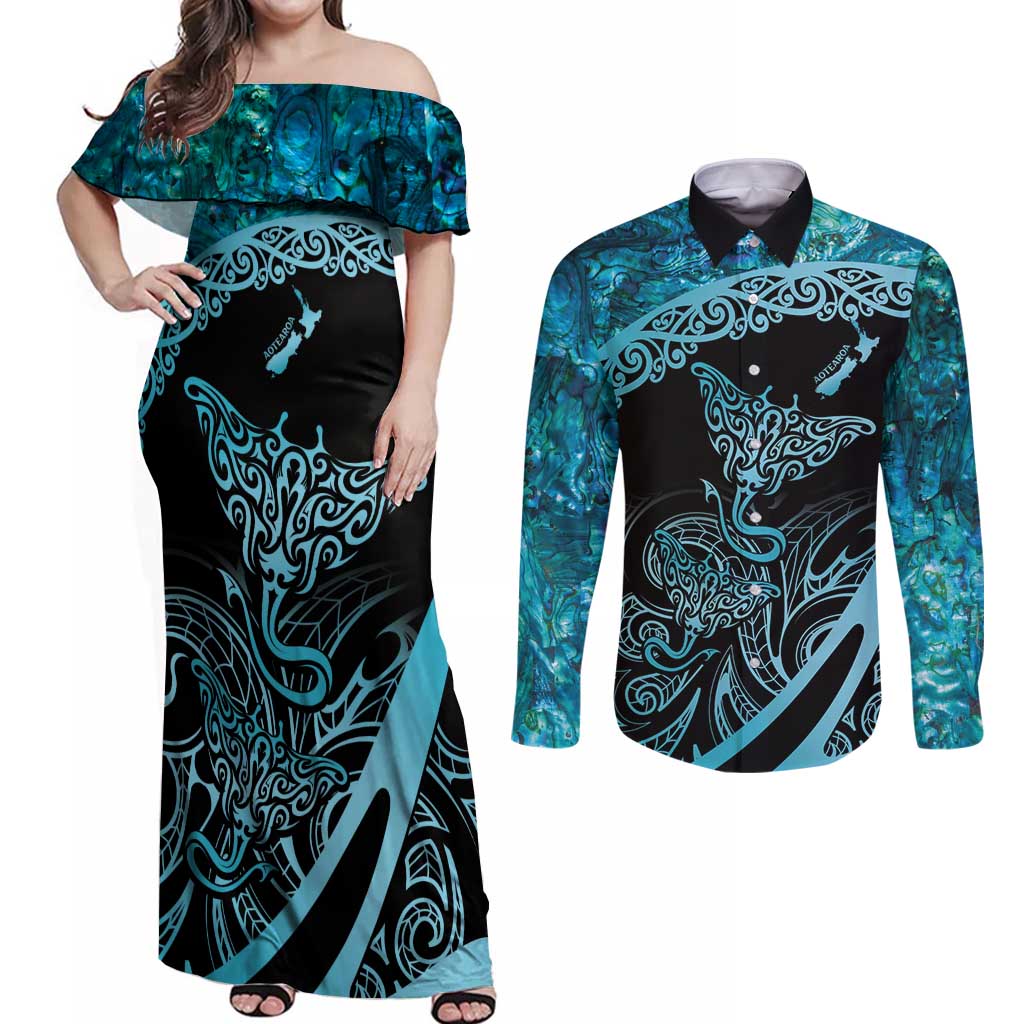 New Zealand Stingray Couples Matching Off Shoulder Maxi Dress and Long Sleeve Button Shirt Aotearoa Whai With Maori Paua Shell LT14 Turquoise - Polynesian Pride