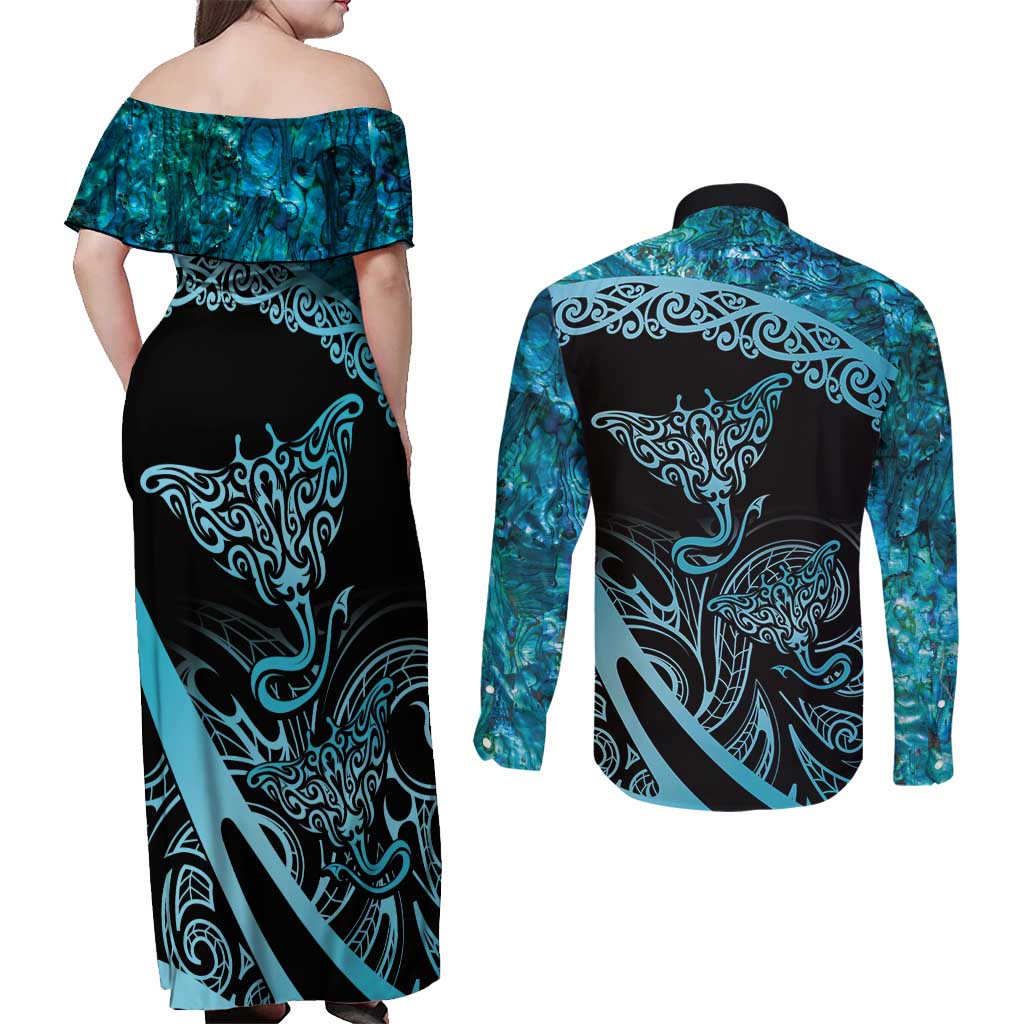 New Zealand Stingray Couples Matching Off Shoulder Maxi Dress and Long Sleeve Button Shirt Aotearoa Whai With Maori Paua Shell LT14 - Polynesian Pride