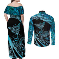 New Zealand Stingray Couples Matching Off Shoulder Maxi Dress and Long Sleeve Button Shirt Aotearoa Whai With Maori Paua Shell LT14 - Polynesian Pride