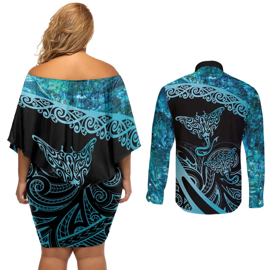 New Zealand Stingray Couples Matching Off Shoulder Short Dress and Long Sleeve Button Shirt Aotearoa Whai With Maori Paua Shell LT14 - Polynesian Pride