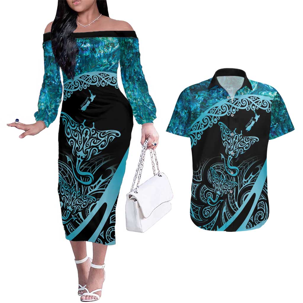 New Zealand Stingray Couples Matching Off The Shoulder Long Sleeve Dress and Hawaiian Shirt Aotearoa Whai With Maori Paua Shell LT14 Turquoise - Polynesian Pride