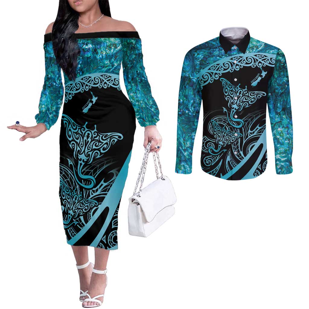 New Zealand Stingray Couples Matching Off The Shoulder Long Sleeve Dress and Long Sleeve Button Shirt Aotearoa Whai With Maori Paua Shell LT14 Turquoise - Polynesian Pride