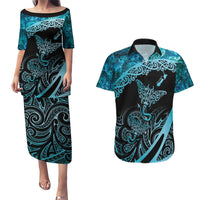 New Zealand Stingray Couples Matching Puletasi and Hawaiian Shirt Aotearoa Whai With Maori Paua Shell LT14 Turquoise - Polynesian Pride