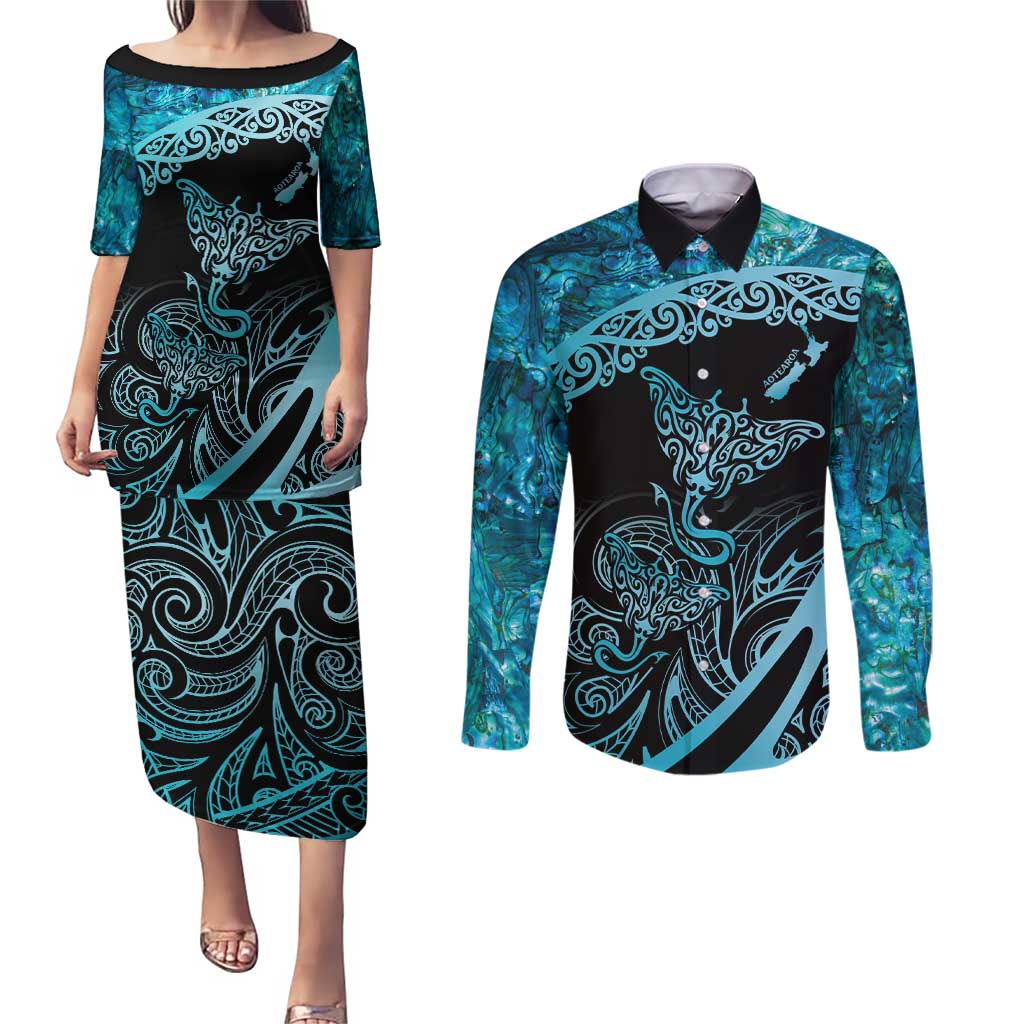 New Zealand Stingray Couples Matching Puletasi and Long Sleeve Button Shirt Aotearoa Whai With Maori Paua Shell LT14 Turquoise - Polynesian Pride