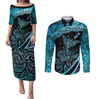 New Zealand Stingray Couples Matching Puletasi and Long Sleeve Button Shirt Aotearoa Whai With Maori Paua Shell LT14 Turquoise - Polynesian Pride