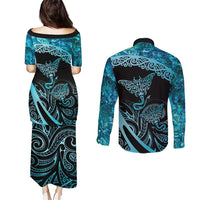 New Zealand Stingray Couples Matching Puletasi and Long Sleeve Button Shirt Aotearoa Whai With Maori Paua Shell LT14 - Polynesian Pride