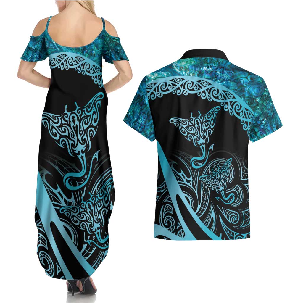 New Zealand Stingray Couples Matching Summer Maxi Dress and Hawaiian Shirt Aotearoa Whai With Maori Paua Shell LT14 - Polynesian Pride