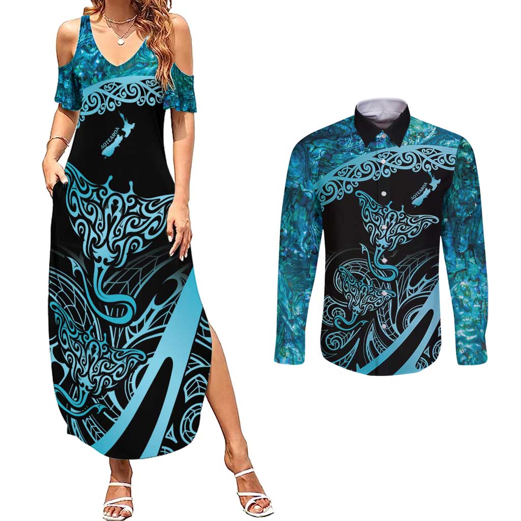 New Zealand Stingray Couples Matching Summer Maxi Dress and Long Sleeve Button Shirt Aotearoa Whai With Maori Paua Shell LT14 Turquoise - Polynesian Pride