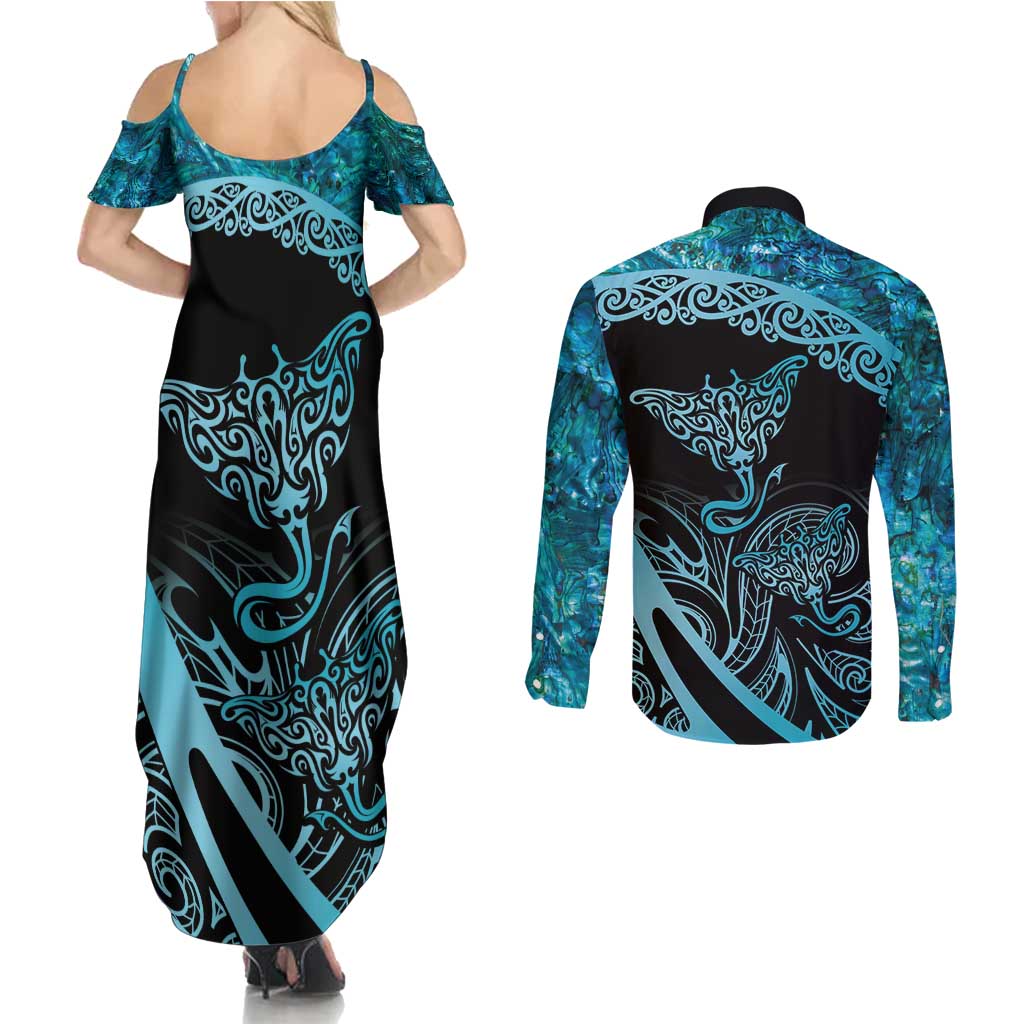 New Zealand Stingray Couples Matching Summer Maxi Dress and Long Sleeve Button Shirt Aotearoa Whai With Maori Paua Shell LT14 - Polynesian Pride