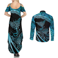 New Zealand Stingray Couples Matching Summer Maxi Dress and Long Sleeve Button Shirt Aotearoa Whai With Maori Paua Shell LT14 - Polynesian Pride