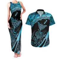 New Zealand Stingray Couples Matching Tank Maxi Dress and Hawaiian Shirt Aotearoa Whai With Maori Paua Shell LT14 Turquoise - Polynesian Pride