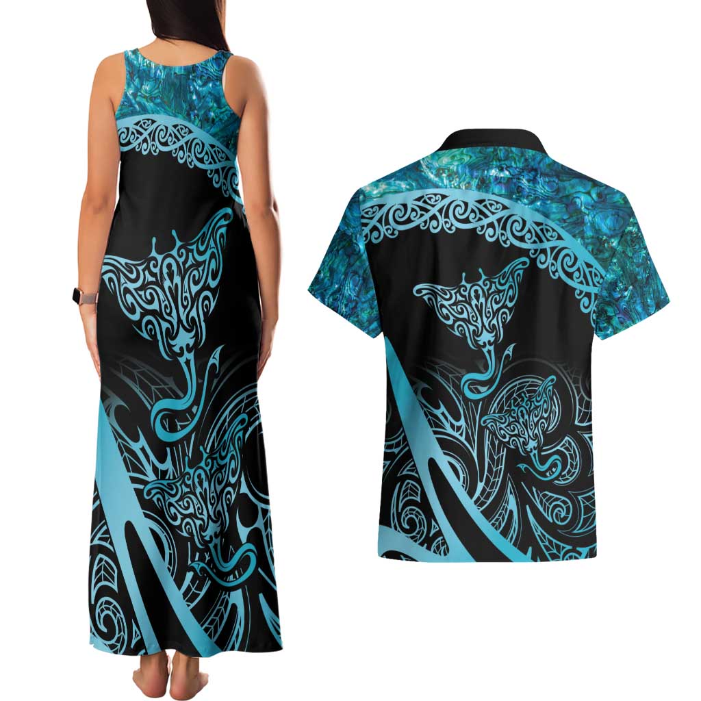 New Zealand Stingray Couples Matching Tank Maxi Dress and Hawaiian Shirt Aotearoa Whai With Maori Paua Shell LT14 - Polynesian Pride