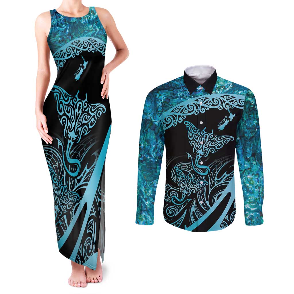New Zealand Stingray Couples Matching Tank Maxi Dress and Long Sleeve Button Shirt Aotearoa Whai With Maori Paua Shell LT14 Turquoise - Polynesian Pride