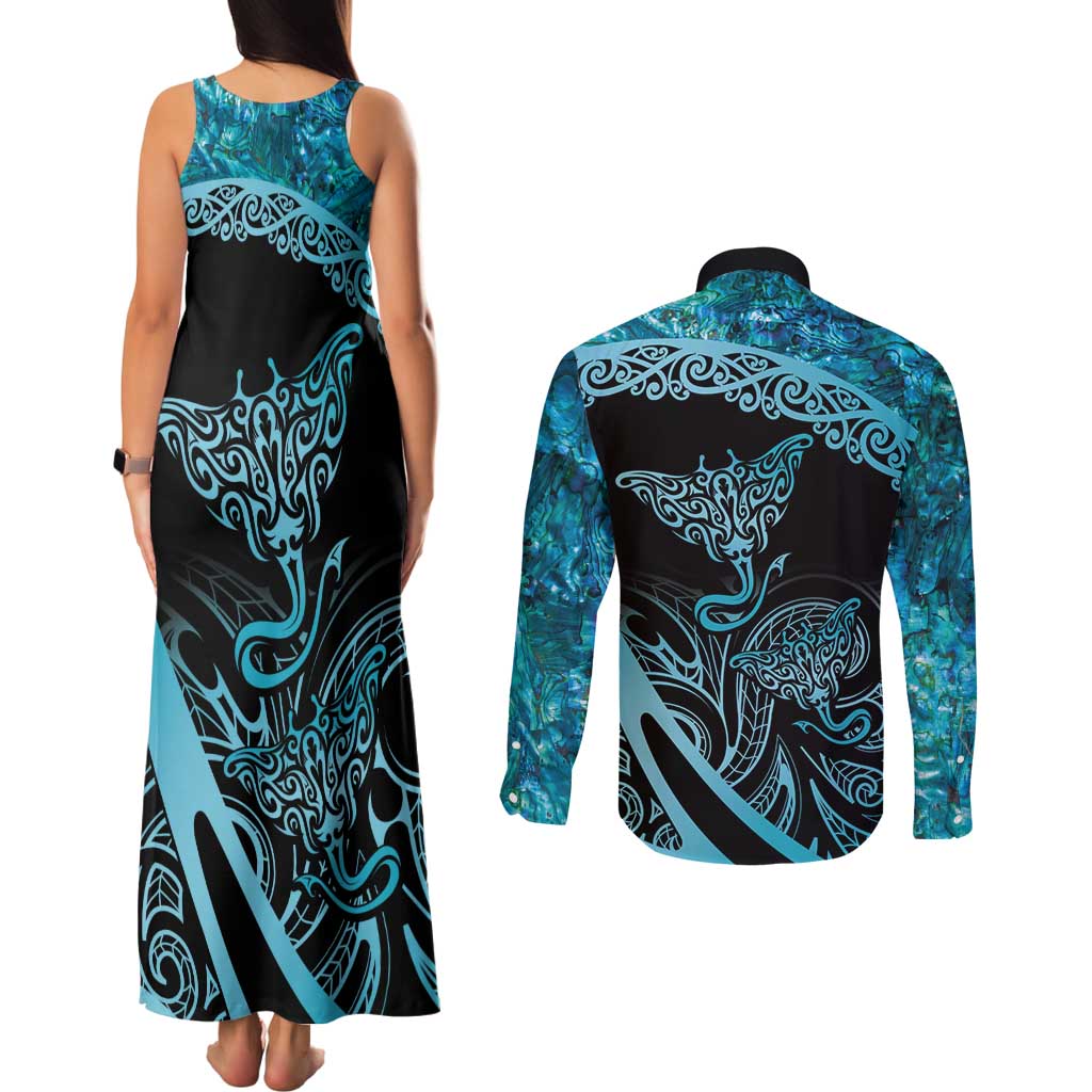 New Zealand Stingray Couples Matching Tank Maxi Dress and Long Sleeve Button Shirt Aotearoa Whai With Maori Paua Shell LT14 - Polynesian Pride