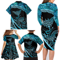 New Zealand Stingray Family Matching Long Sleeve Bodycon Dress and Hawaiian Shirt Aotearoa Whai With Maori Paua Shell LT14 - Polynesian Pride