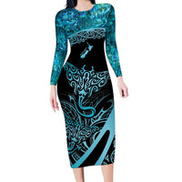 New Zealand Stingray Family Matching Long Sleeve Bodycon Dress and Hawaiian Shirt Aotearoa Whai With Maori Paua Shell LT14 Mom's Dress Turquoise - Polynesian Pride