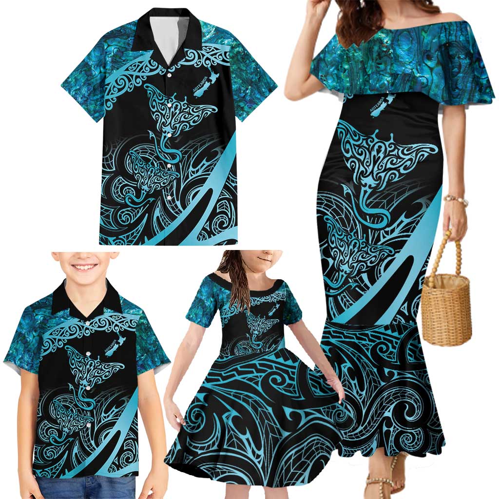 New Zealand Stingray Family Matching Mermaid Dress and Hawaiian Shirt Aotearoa Whai With Maori Paua Shell LT14 - Polynesian Pride