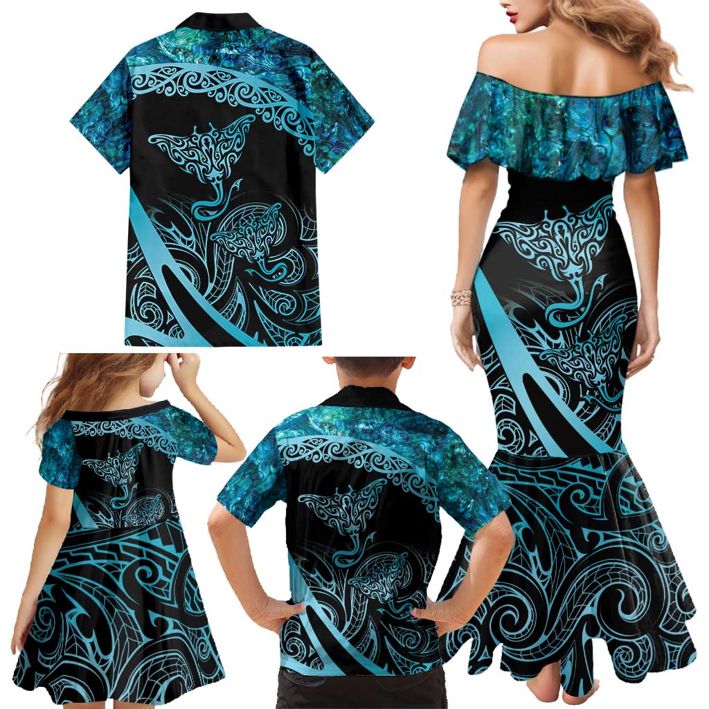 New Zealand Stingray Family Matching Mermaid Dress and Hawaiian Shirt Aotearoa Whai With Maori Paua Shell LT14 - Polynesian Pride