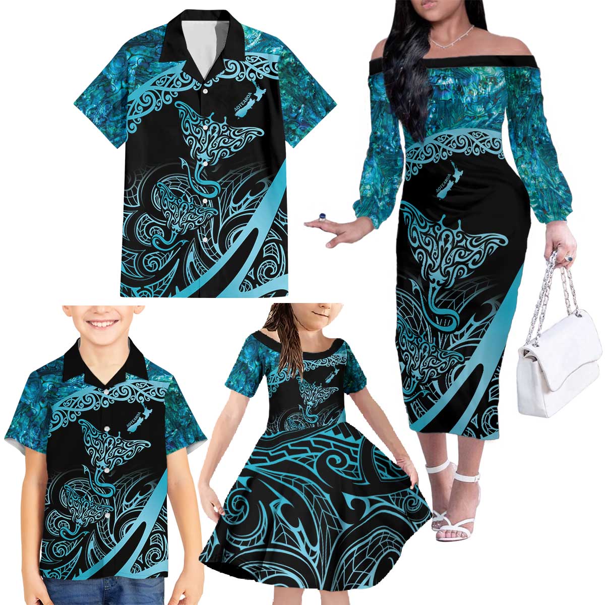 New Zealand Stingray Family Matching Off The Shoulder Long Sleeve Dress and Hawaiian Shirt Aotearoa Whai With Maori Paua Shell LT14 - Polynesian Pride